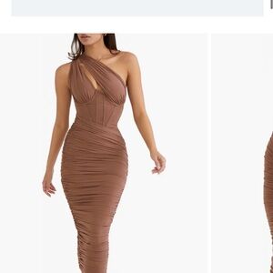 House of CB Valentina Asymmetric Cutout One-Shoulder Midi Dress.